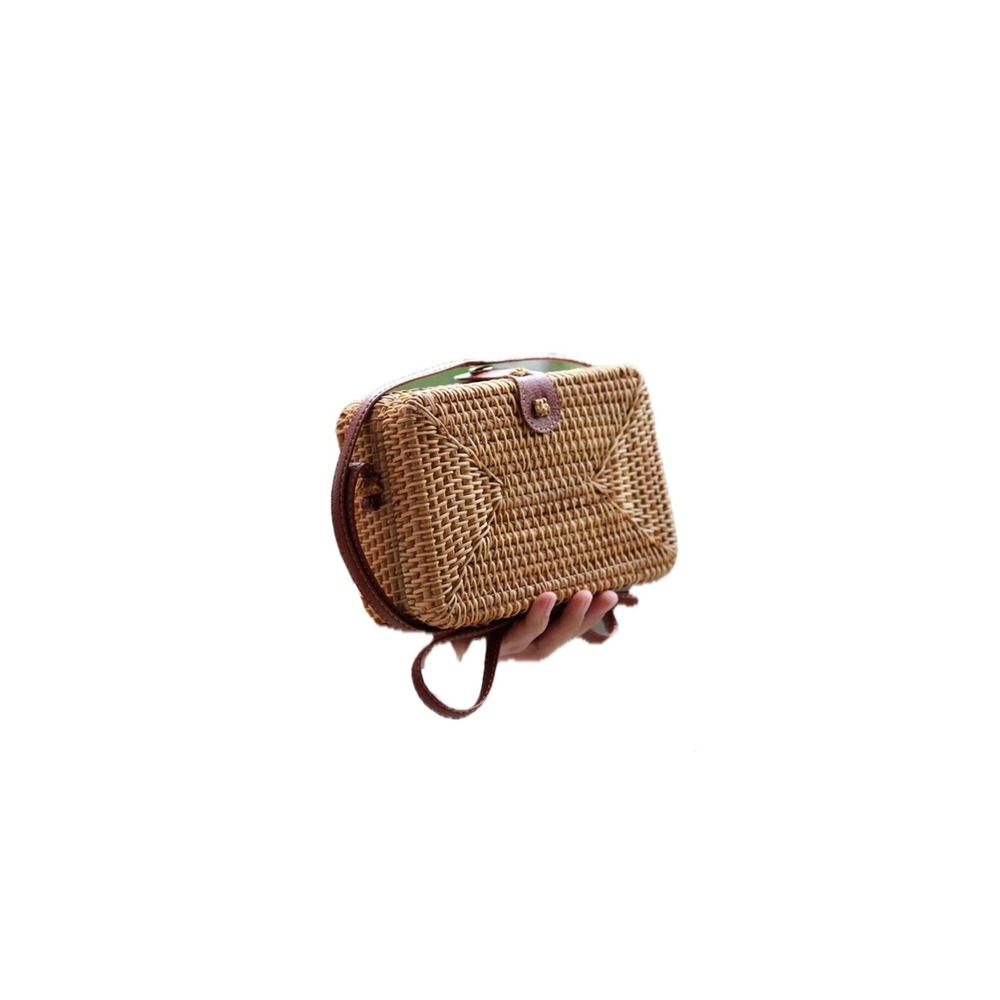 Handwoven‎ Rattan Crossbody Bag Rectangular Wicker Straw Box Purse Brown Strap